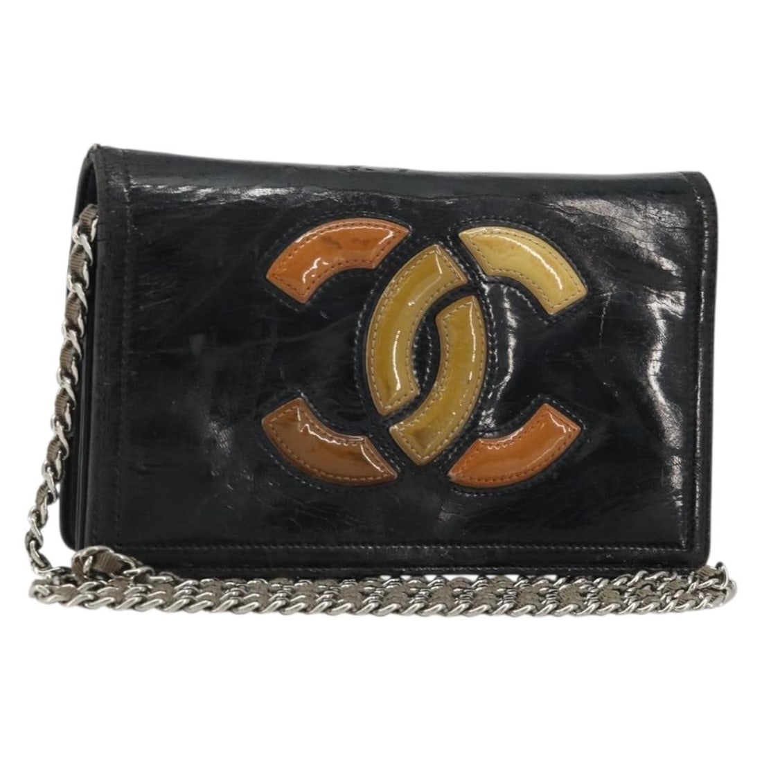 Patent Leather Shoulder Bag Chanel Coco Mark Black Silver CC: Patent Leather Shoulder Bag Chanel Coco Mark Black Silver CC Black and silver CHANEL Coco Mark chain shoulder bag in patent leather, made in Italy. The bag measures approximately 19 cm wide, 12 cm hig