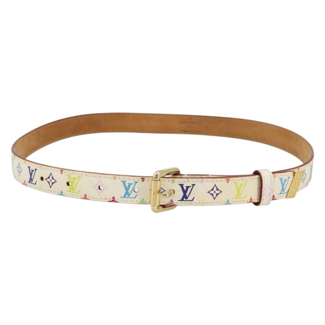 Louis Vuitton Ceinture LV White Monogram Multicolor Canvas Belt: Louis Vuitton Ceinture LV White Monogram Multicolor Canvas Belt Louis Vuitton belt in white Monogram Multicolor Canvas, made in Spain. The item is listed in heavily used condition with visible surface