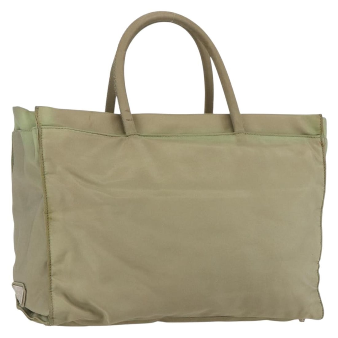Prada Nylon Khaki Silver Tone Handbag Made in Italy: Prada Nylon Khaki Silver Tone Handbag Made in Italy This PRADA handbag features a khaki nylon exterior with silver-tone accents. Made in Italy, the bag offers a stylish and practical design with dual 