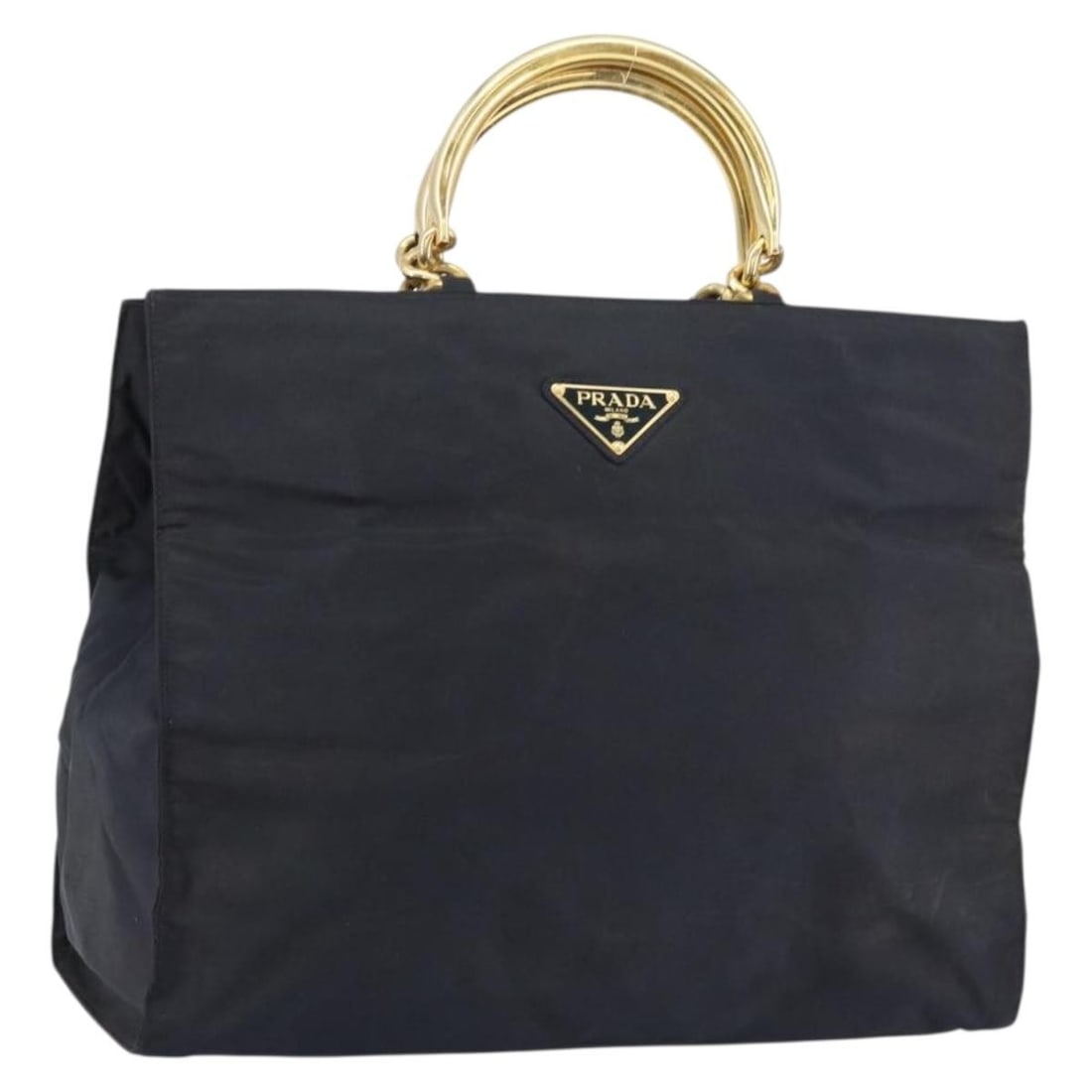 PRADA Black Nylon Hand Bag Gold Tone Italy: PRADA Black Nylon Hand Bag Gold Tone Italy Prada women's nylon handbag in black with gold-tone accents, made in Italy. This heavily used bag shows visible wear throughout, including loss of shape, rub