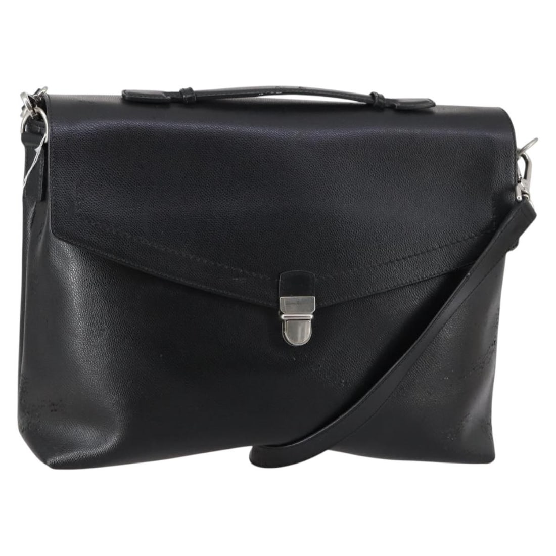 Salvatore Ferragamo black leather 2 way business bag with shoulder strap: Salvatore Ferragamo black leather 2 way business bag with shoulder strap Salvatore Ferragamo 2-way business bag in black leather with silver-tone accents. Made in Italy, this women's bag includes a du