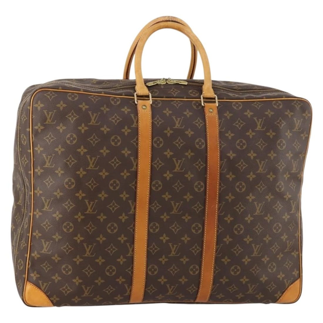 Louis Vuitton Sirius 50 Monogram Canvas Boston Bag M41406: Louis Vuitton Sirius 50 Monogram Canvas Boston Bag M41406 Louis Vuitton Sirius 50 Boston bag in Monogram canvas, made in France. This women's bag is a heavily used piece with visible wear throughout, 