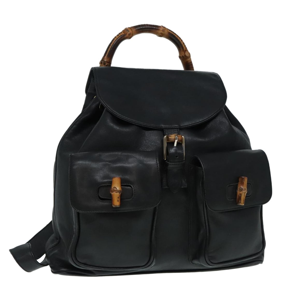 Black Leather Bamboo Backpack by Gucci Model 008 2058 0016: Black Leather Bamboo Backpack by Gucci Model 008 2058 0016 This is a GUCCI Bamboo Backpack crafted from black leather with gold-tone accents. Designed for women, the backpack features a structured sil