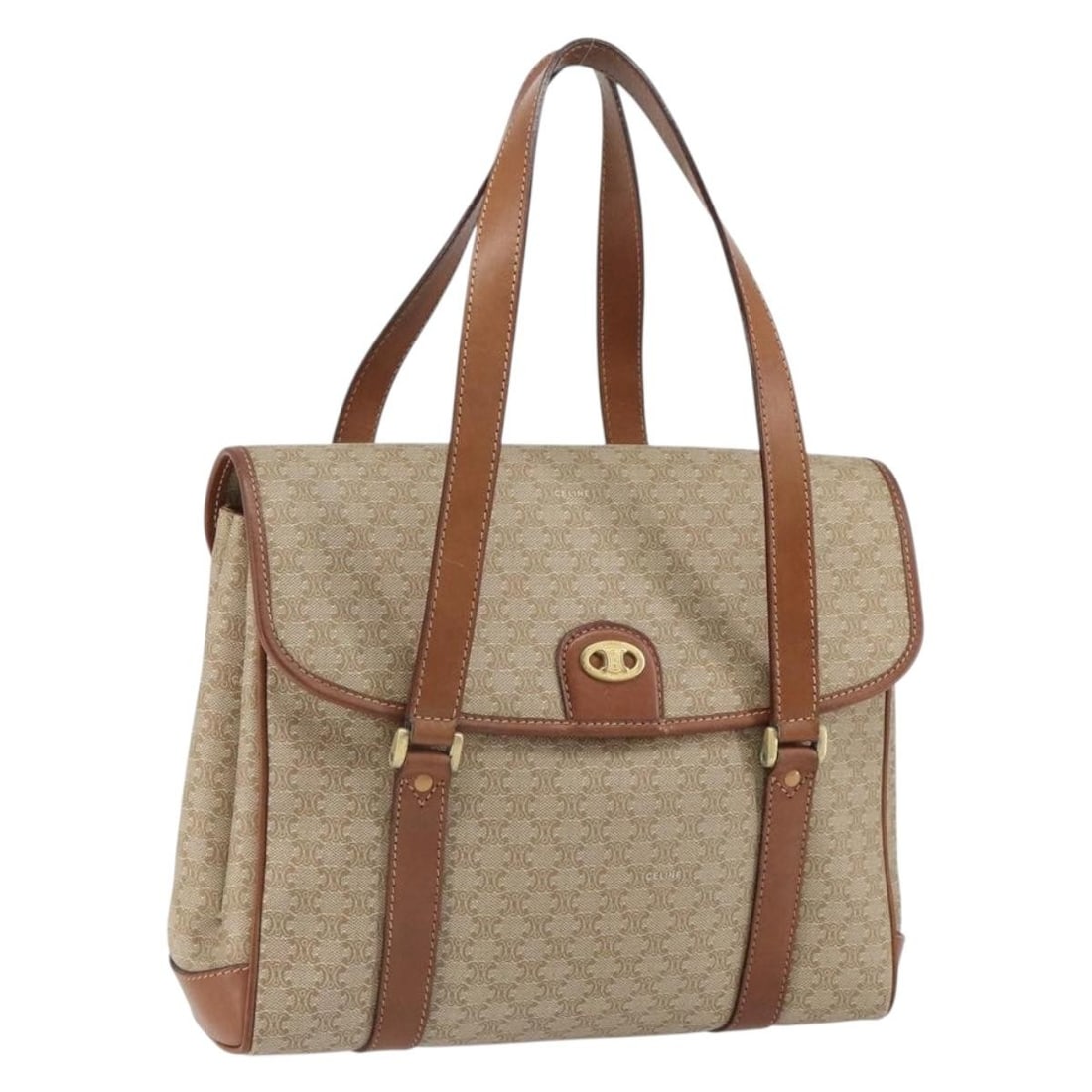 Beige Macadam Canvas PVC Shoulder Bag by CELINE Gold Accents: Beige Macadam Canvas PVC Shoulder Bag by CELINE Gold Accents This CELINE Macadam shoulder bag features a beige and gold PVC leather and canvas exterior with the signature Macadam pattern. The bag is m