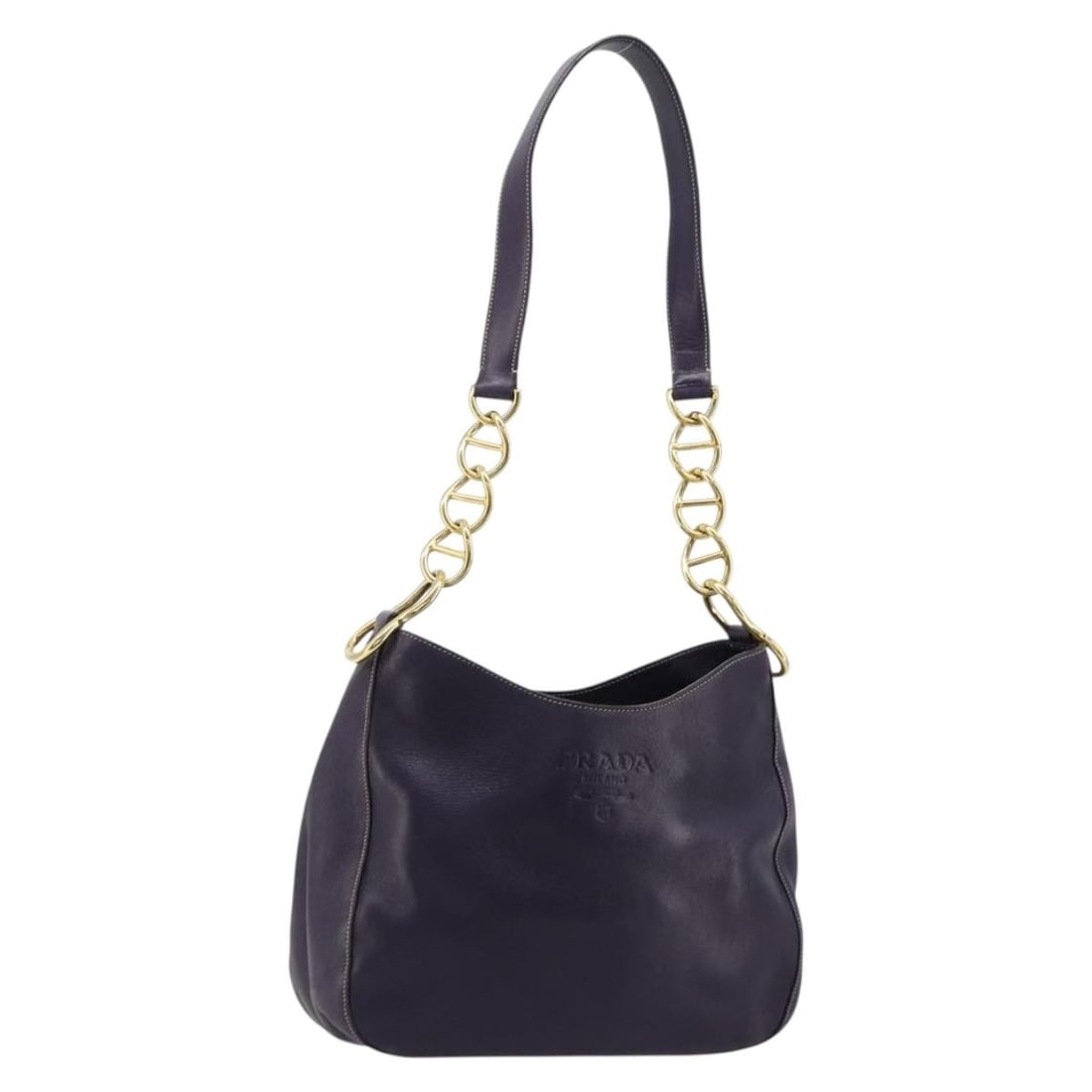 Prada Purple Leather Shoulder Bag with Chain Strap Gold Tone: Prada Purple Leather Shoulder Bag with Chain Strap Gold Tone Prada chain shoulder bag in purple leather with gold-tone hardware. It comes with a dust bag and was made in Italy. The bag shows heavy use