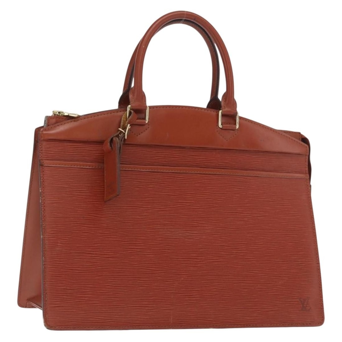 Louis Vuitton M48183 Riviera Brown Epi Leather Handbag with Name Tag: Louis Vuitton M48183 Riviera Brown Epi Leather Handbag with Name Tag Brown Epi leather hand bag with a structured silhouette, made in France. It comes with a name tag accessory and shows heavy use, in