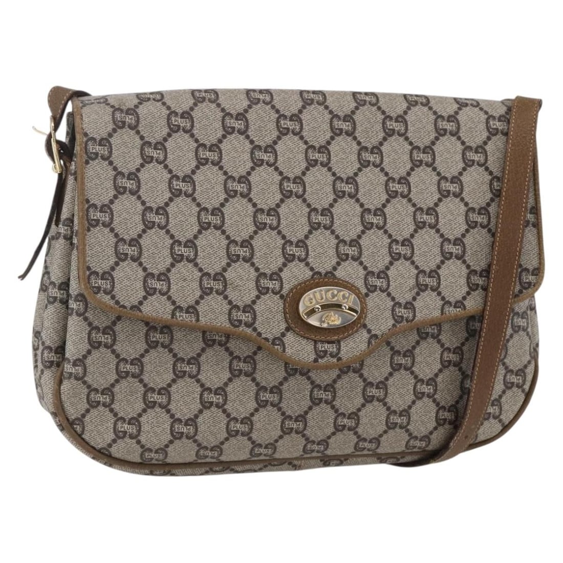 GUCCI GG Plus Supreme Shoulder Bag Beige Gold Italy: GUCCI GG Plus Supreme Shoulder Bag Beige Gold Italy This authentic GUCCI GG Plus Supreme Shoulder Bag showcases a chic design crafted from GG Canvas in a stylish beige and gold color combination. Meas