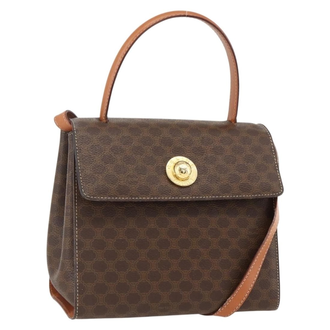 Celine Macadam Star Ball 2way Handbag Brown PVC Leather: Celine Macadam Star Ball 2way Handbag Brown PVC Leather CELINE Macadam canvas star ball handbag in brown and gold, made from PVC leather and Macadam canvas. It is a 2-way handbag with a shoulder strap
