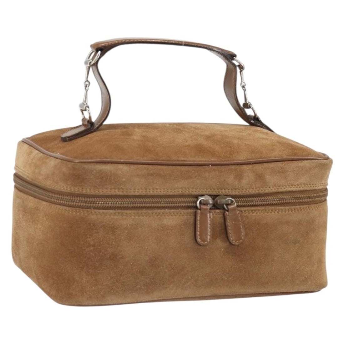 Brown Suede Cosmetic Bag by Gucci Model 032 1705 0140 Silver Accents: Brown Suede Cosmetic Bag by Gucci Model 032 1705 0140 Silver Accents This Gucci vanity cosmetic pouch features a brown suede exterior with silver accents. Designed for women, it offers a spacious comp