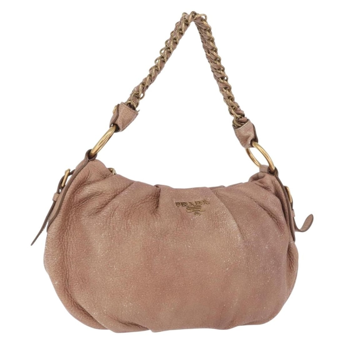 Prada Leather Shoulder Bag Pink Gold Tone with Guarantee Card: Prada Leather Shoulder Bag Pink Gold Tone with Guarantee Card Prada chain shoulder bag in pink and gold leather, made in Italy. It includes a guarantee card and has a shoulder bag style. The item is h