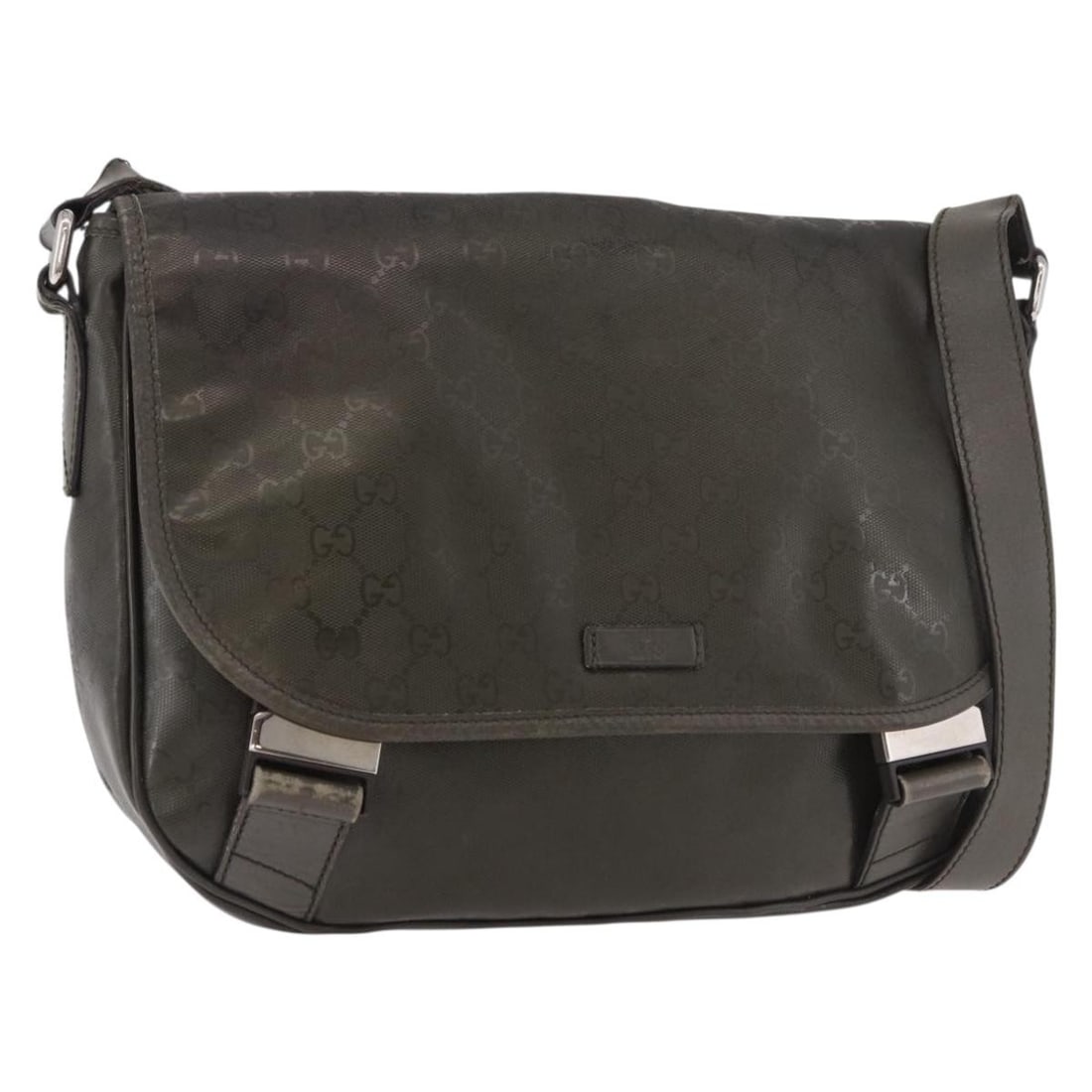 Gucci 201732 GG Canvas PVC Leather Shoulder Bag Khaki Silver: Gucci 201732 GG Canvas PVC Leather Shoulder Bag Khaki Silver A Gucci shoulder bag in khaki and silver, made from PVC leather and GG canvas. It features a shoulder strap with an approximate drop of 43 