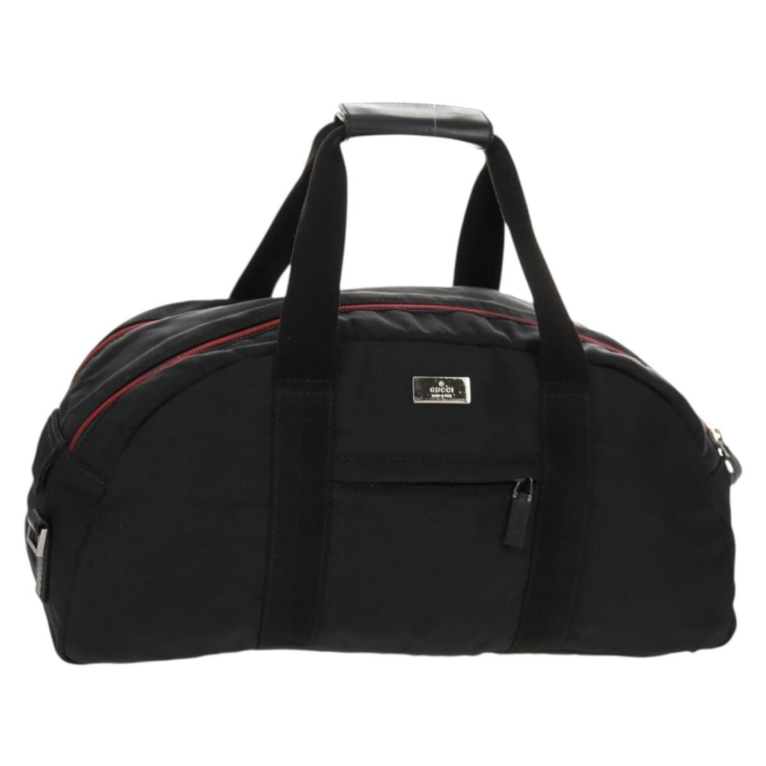 Black Nylon Boston Bag by Gucci Model 122324 Silver Accents: Black Nylon Boston Bag by Gucci Model 122324 Silver Accents This is a Gucci Boston bag crafted from black nylon with silver-tone accents. The bag features dual carrying options with a handle and an ad