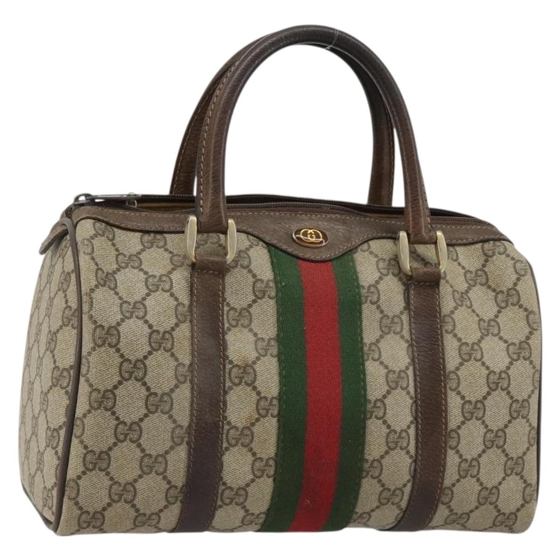 Gucci Sherry Line Boston Bag Beige Gold PVC Leather: Gucci Sherry Line Boston Bag Beige Gold PVC Leather This is a Gucci GG Supreme Web Sherry Line Boston Bag crafted from beige and gold PVC leather with GG canvas accents. Designed for women, this Bosto