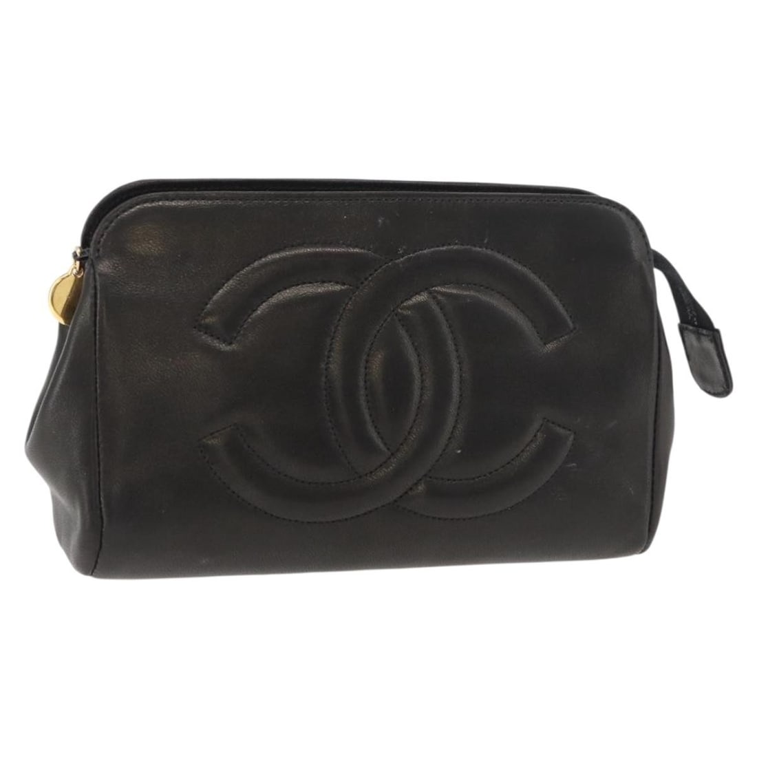 CHANEL black lamb skin logo pouch gold trim 6.7 inch: CHANEL black lamb skin logo pouch gold trim 6.7 inch This CHANEL pouch is crafted from luxurious lamb skin in a black and gold color combination. Designed for women, it offers a compact and stylish so