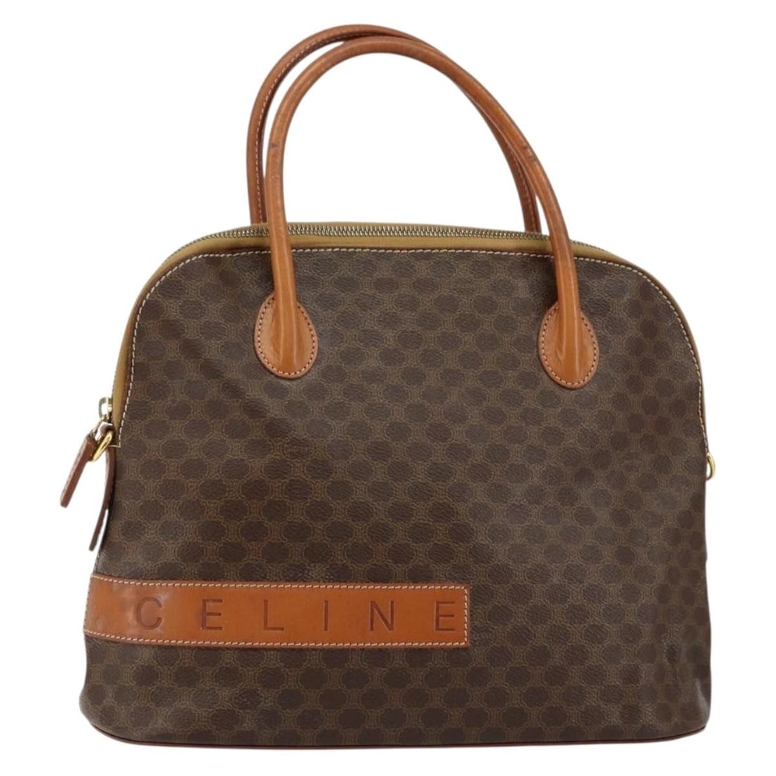 CELINE Macadam Canvas Hand Bag Brown Gold PVC Leather Italy Auth: CELINE Macadam Canvas Hand Bag Brown Gold PVC Leather Italy Auth Discover the sophisticated CELINE Macadam Canvas Hand Bag, crafted from durable PVC leather in an elegant brown and gold color scheme. 