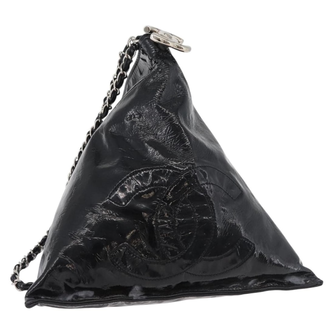 CHANEL Patent Leather Shoulder Bag Black Silver CC: CHANEL Patent Leather Shoulder Bag Black Silver CC CHANEL shoulder bag in black patent leather with silver-tone exterior details. Made in Italy, this women's bag features a shoulder strap with an appr