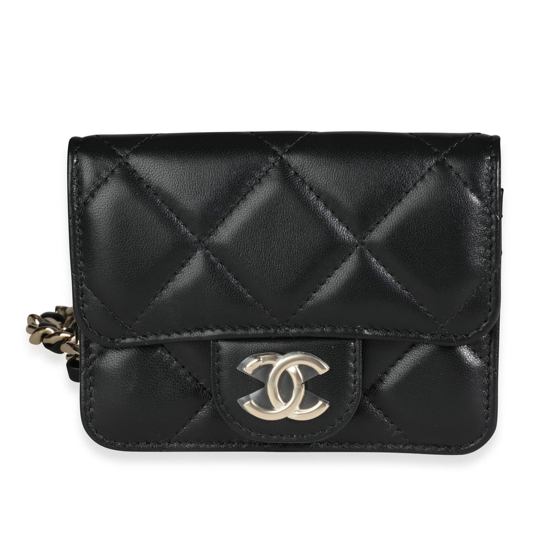 Chanel Mini Belt Bag Black Quilted Lambskin Leather: Chanel Mini Belt Bag Black Quilted Lambskin Leather A pre-owned unisex mini belt bag in black quilted lambskin with a magnetic snap closure and gold-tone hardware. The bag features a leather exterior,