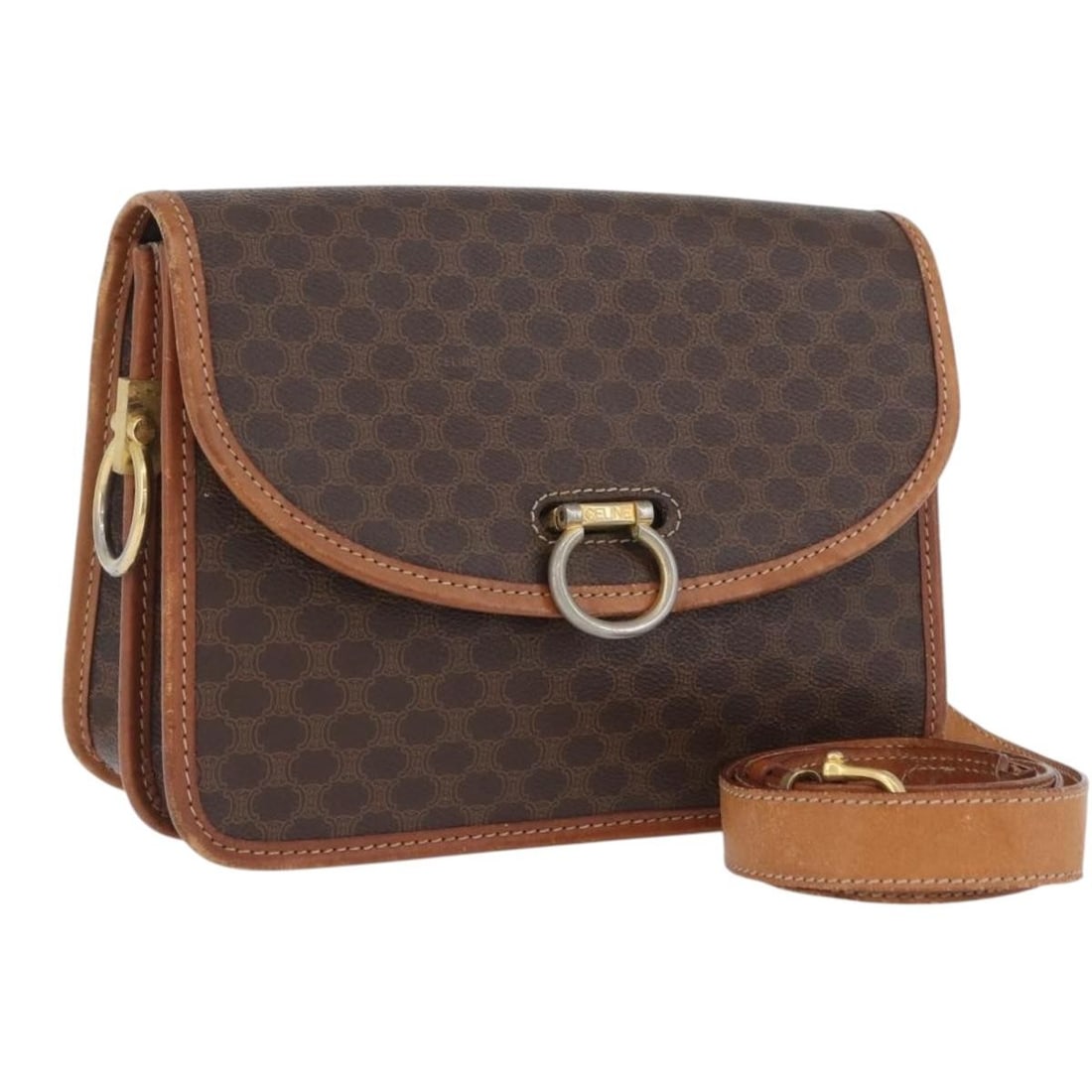 Celine Macadam PVC Leather Shoulder Bag Brown Gold Tone: Celine Macadam PVC Leather Shoulder Bag Brown Gold Tone Celine Macadam canvas shoulder bag in brown with gold-tone accents. This women's shoulder bag is made of PVC leather and Macadam canvas and was 