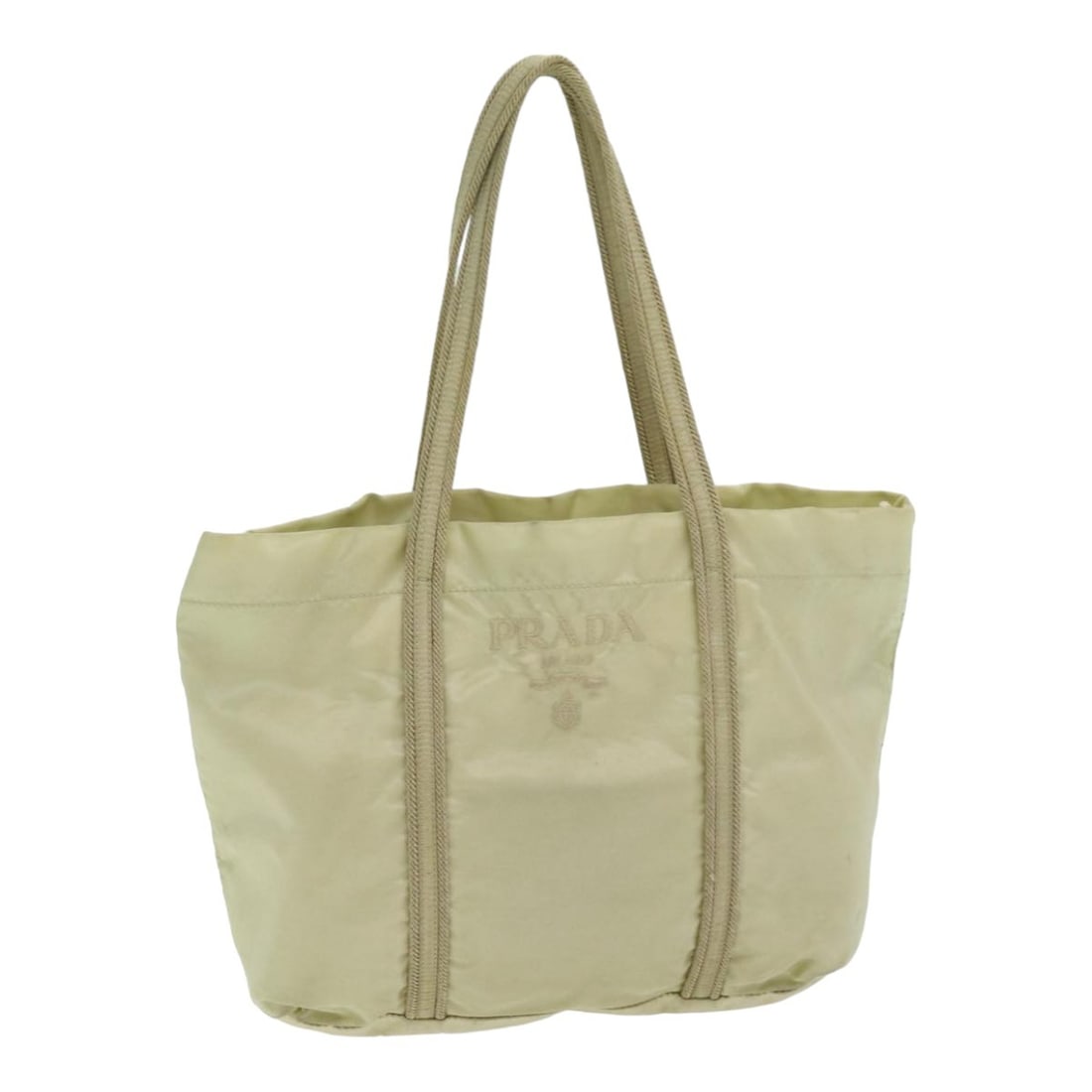 Prada Nylon Silver Beige Women's Handbag Italy 8.3 inch: Prada Nylon Silver Beige Women's Handbag Italy 8.3 inch This PRADA handbag is crafted from nylon in a silver and beige color combination. Designed for women, it features a top handle with a drop of ap