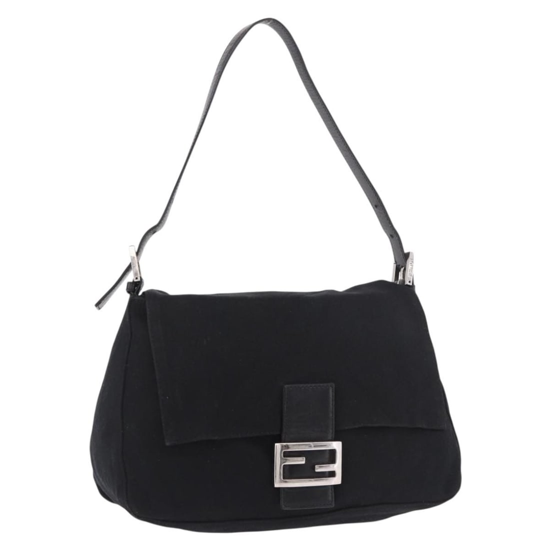 Fendi Mamma Baguette black cotton jersey shoulder bag silver tone: Fendi Mamma Baguette black cotton jersey shoulder bag silver tone FENDI Mamma Baguette GM shoulder bag in black and silver cotton jersey, made in Italy. This pre-owned bag features a shoulder strap wi