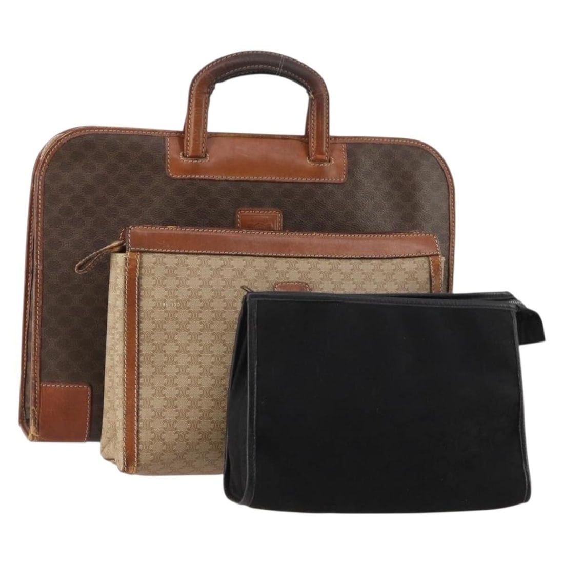 3 Piece CELINE Macadam Clutch Bag Set Brown PVC Leather: 3 Piece CELINE Macadam Clutch Bag Set Brown PVC Leather A CELINE clutch bag crafted in PVC leather and Macadam canvas, made in Italy. The exterior is brown, black, and beige, and the item is offered a