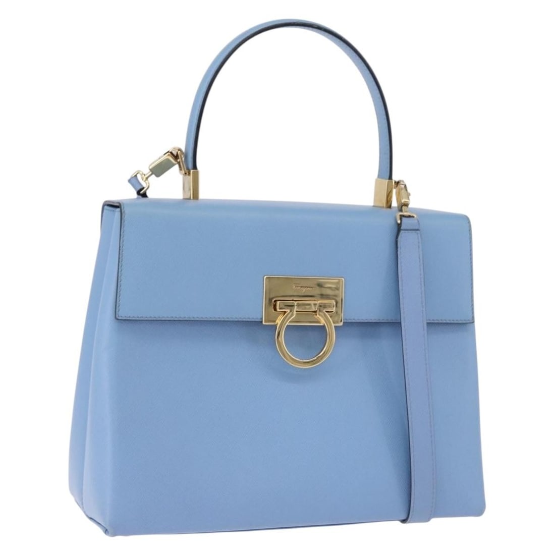 Salvatore Ferragamo Gancini 2way Leather Handbag Light Blue with Shoulder Strap: Salvatore Ferragamo Gancini 2way Leather Handbag Light Blue with Shoulder Strap Salvatore Ferragamo Gancini hand bag in leather with a light blue and gold color scheme. It includes a shoulder strap an