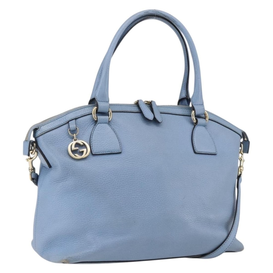 GUCCI 449651 leather 2way handbag light blue with shoulder strap: GUCCI 449651 leather 2way handbag light blue with shoulder strap GUCCI leather 2way handbag in light blue with gold-tone accents. It comes with a shoulder strap and was made in Italy. The bag is liste