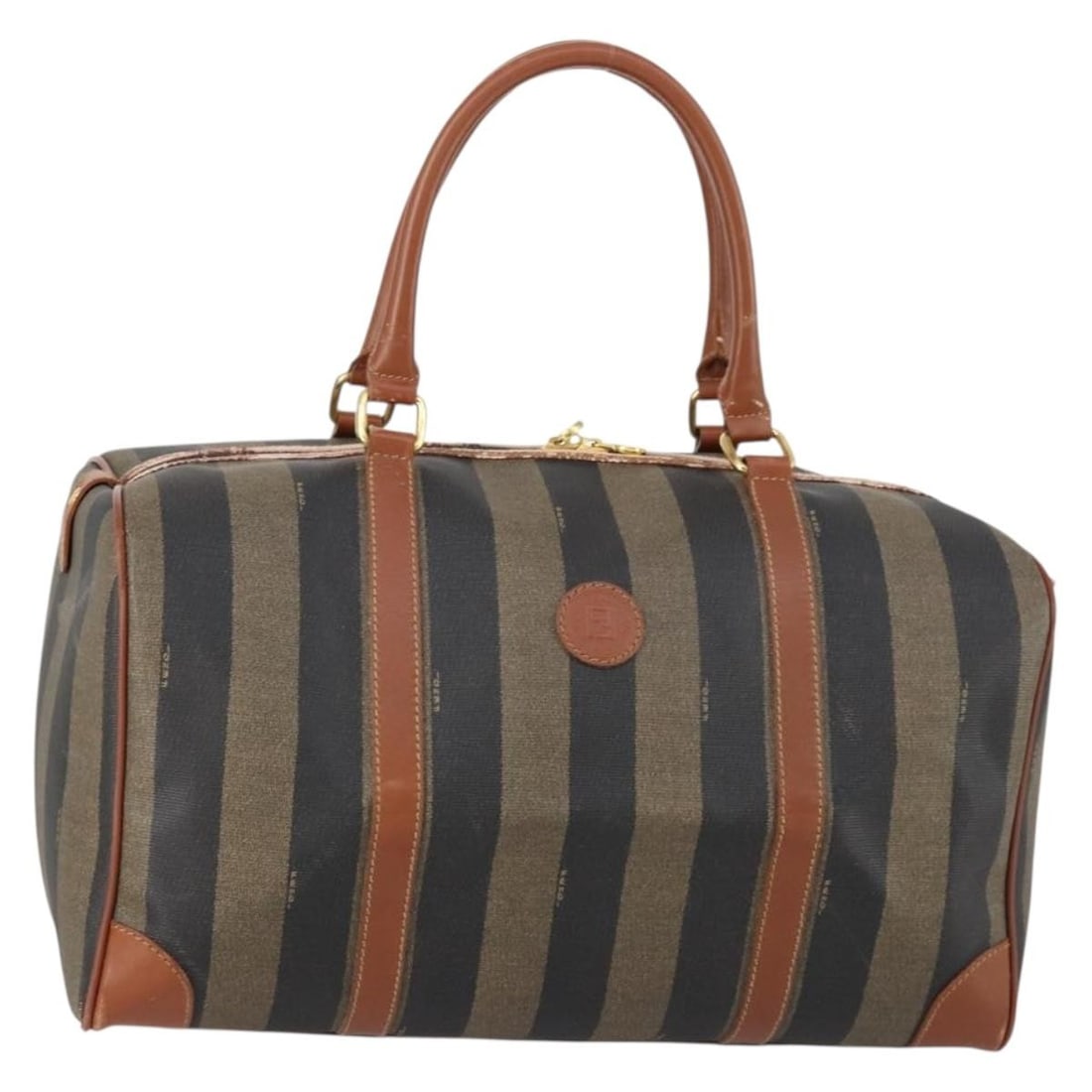 FENDI Pecan Canvas Boston Bag PVC Black Brown Gold Italy: FENDI Pecan Canvas Boston Bag PVC Black Brown Gold Italy This authentic Fendi Boston Bag is a stylish and practical accessory crafted from durable PVC leather and Pequin canvas. Featuring a chic