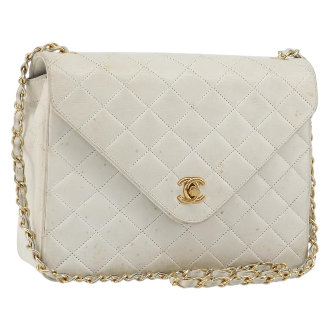CHANEL Matelasse Lamb Skin Shoulder Bag White Gold Tone CC: CHANEL Matelasse Lamb Skin Shoulder Bag White Gold Tone CC CHANEL Matelasse chain shoulder bag in white lamb skin with gold-tone exterior accents. Made in France, this women's shoulder bag measures ap