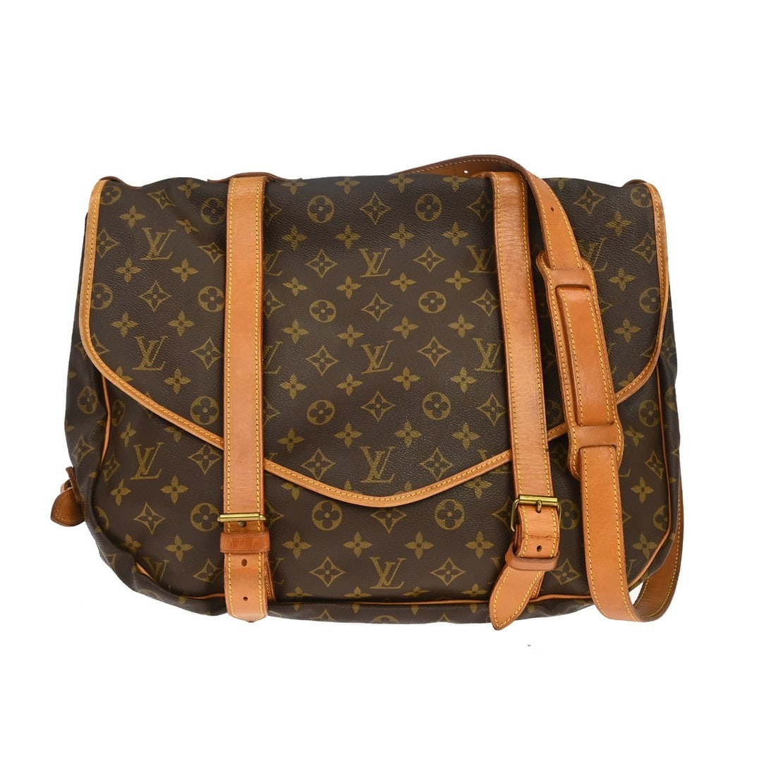 Louis Vuitton Saumur 43 Monogram Canvas Shoulder Bag M42252: Louis Vuitton Saumur 43 Monogram Canvas Shoulder Bag M42252 Louis Vuitton Saumur 43 messenger bag in Monogram canvas and leather, made in France. The bag features three interior pockets and an adjusta