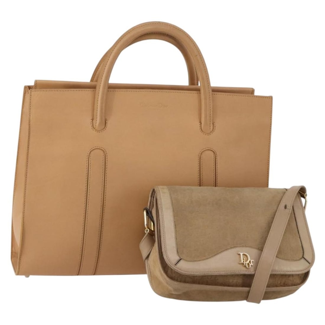Christian Dior Beige Leather Suede Hand Bag 2 Piece Set: Christian Dior Beige Leather Suede Hand Bag 2 Piece Set A beige Christian Dior shoulder handbag set in leather, offered as a special bundle. The listing states that only the item shown in the photo wi