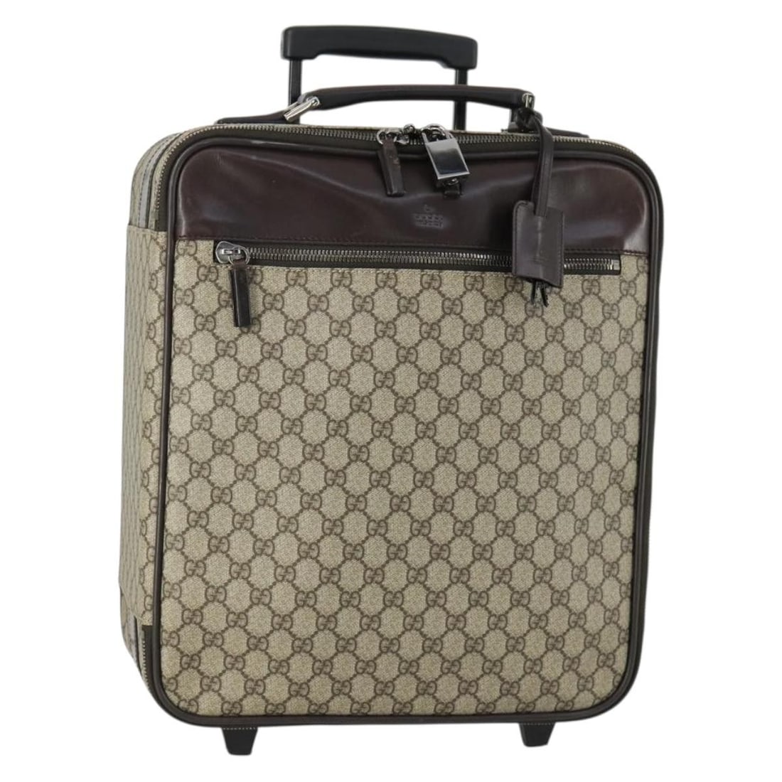 Gucci 101678 GG Supreme PVC Canvas Suitcase Beige Silver: Gucci 101678 GG Supreme PVC Canvas Suitcase Beige Silver A Gucci GG Supreme suitcase in beige and silver, made in Italy from PVC leather and GG canvas. It comes with a padlock, two keys, and a clochet