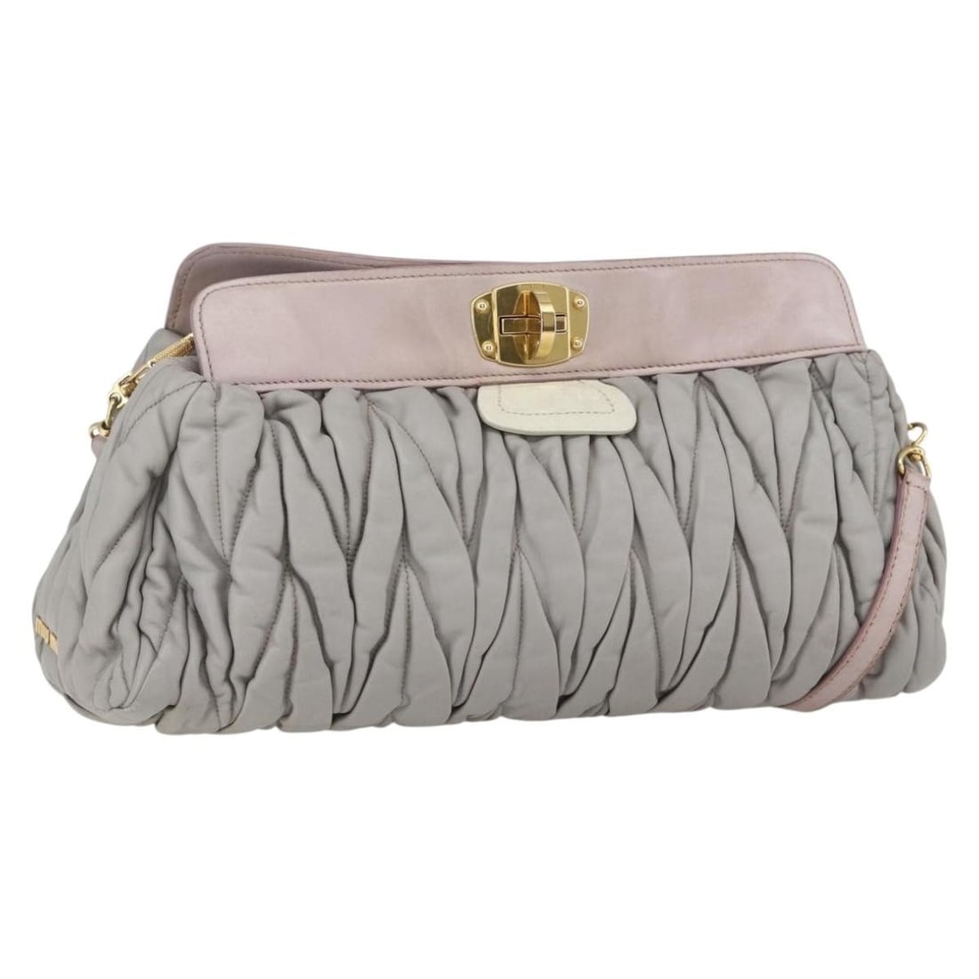Miu Miu Leather Matelasse Gray Gold Shoulder Bag Italy 15in: Miu Miu Leather Matelasse Gray Gold Shoulder Bag Italy 15in This Miu Miu Matelasse shoulder bag features a gray and gold leather exterior with gold-tone hardware. The bag is designed for women and off