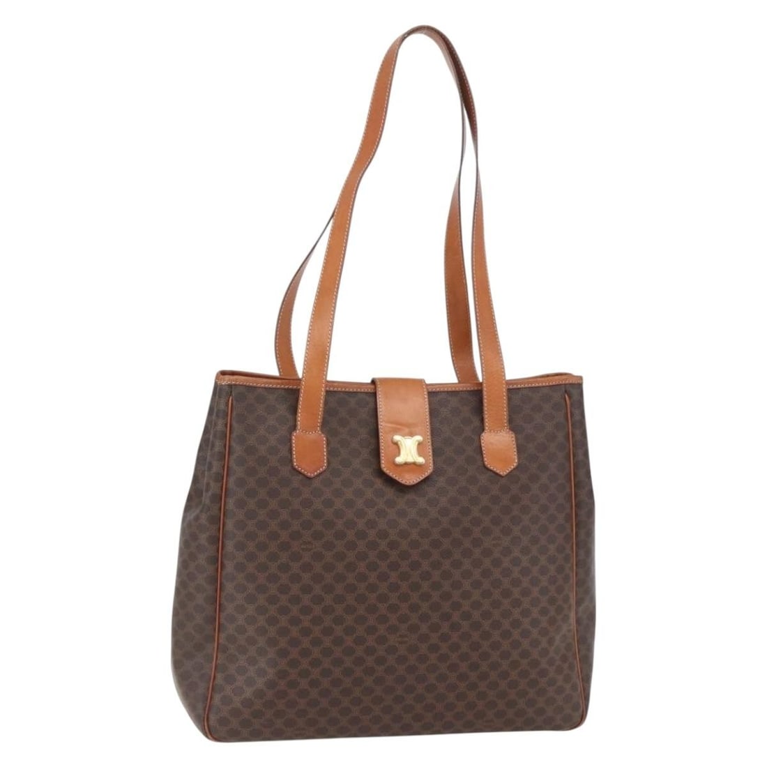 Celine Triomphe Macadam Brown PVC Canvas Tote Bag with Leather Trim: Celine Triomphe Macadam Brown PVC Canvas Tote Bag with Leather Trim This CELINE Macadam Canvas Triomphe tote bag features a durable combination of PVC leather and canvas in a brown and gold color sche