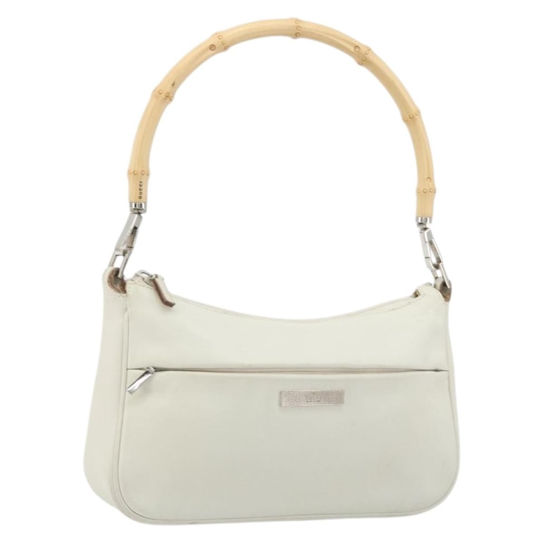 Gucci 001 3870 Bamboo Leather Shoulder Bag White Silver: Gucci 001 3870 Bamboo Leather Shoulder Bag White Silver A Gucci bamboo shoulder bag in white and silver leather, made in Italy. This shoulder bag is identified by product no. 001 3870 and serial no. 0