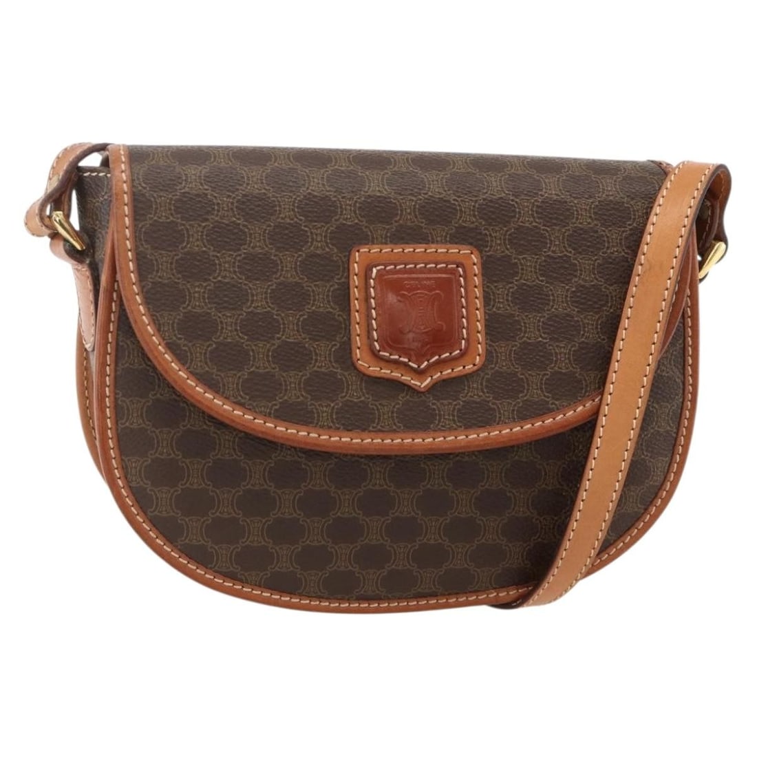 CELINE Macadam Canvas PVC Brown Gold Shoulder Bag Italy: CELINE Macadam Canvas PVC Brown Gold Shoulder Bag Italy This CELINE Macadam shoulder bag features the iconic monogram canvas in brown and gold tones, crafted from PVC leather. Designed for women, it o