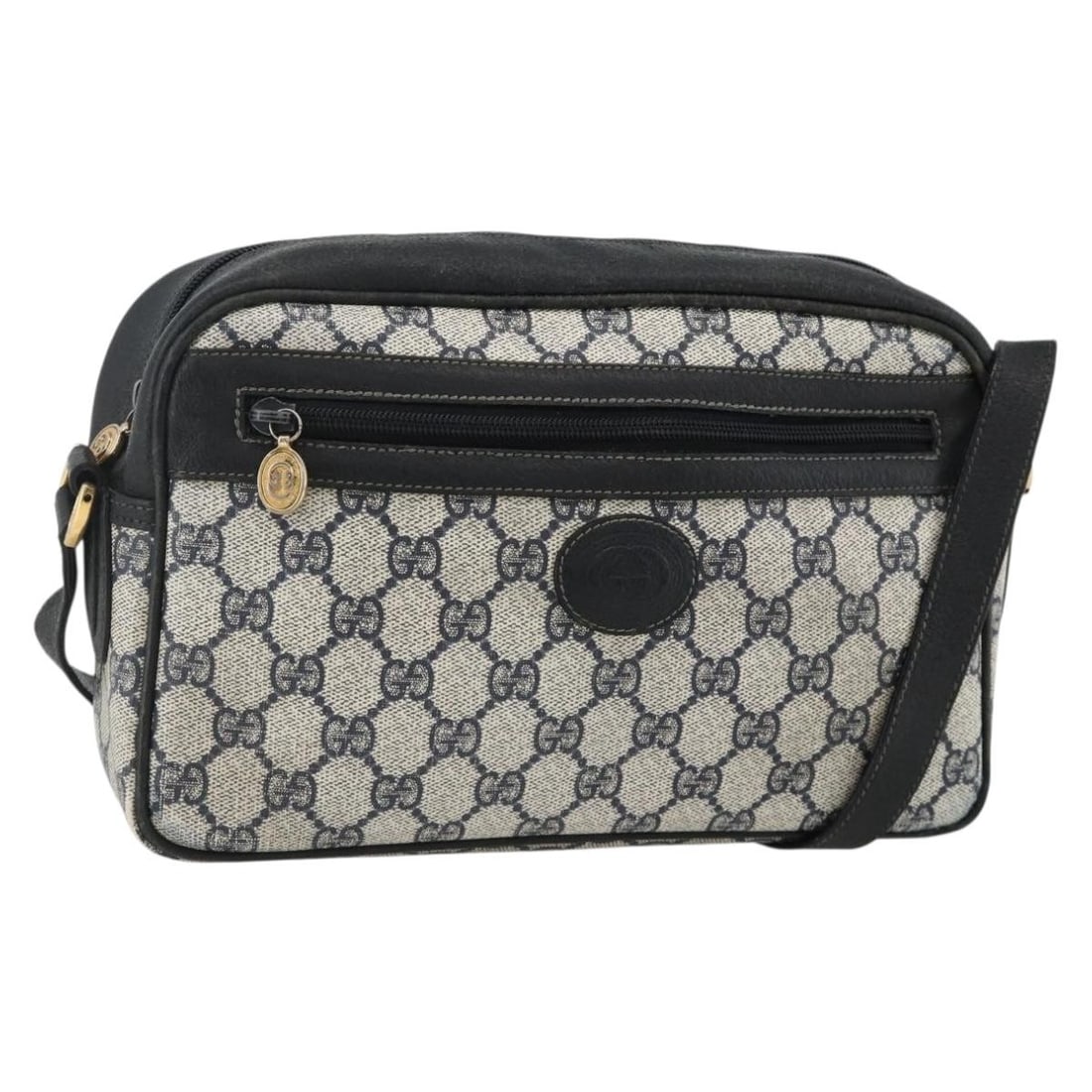 Gucci 001 113 0942 GG Supreme PVC Leather Shoulder Bag Navy Gold: Gucci 001 113 0942 GG Supreme PVC Leather Shoulder Bag Navy Gold A Gucci shoulder bag in Navy/Gold, made from PVC leather and GG canvas. It features a shoulder strap with an approximate drop of 20.9-2