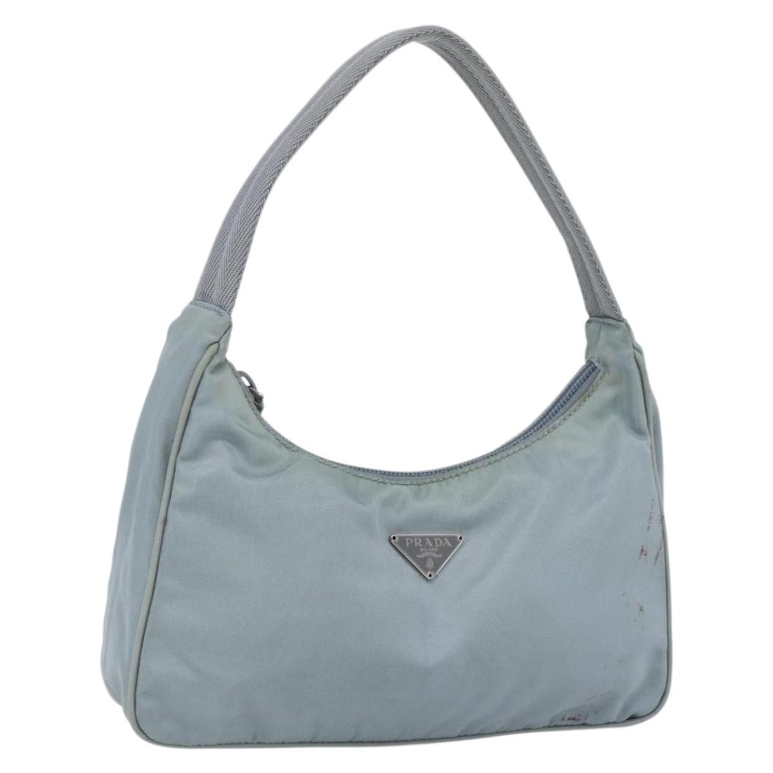 Prada Nylon Hand Bag Baby Blue Silver Tone Italy: Prada Nylon Hand Bag Baby Blue Silver Tone Italy Prada hand pouch in baby blue and silver nylon, made in Italy. The bag features a hand bag style with dimensions of approximately W21 cm x H12 cm x D7 