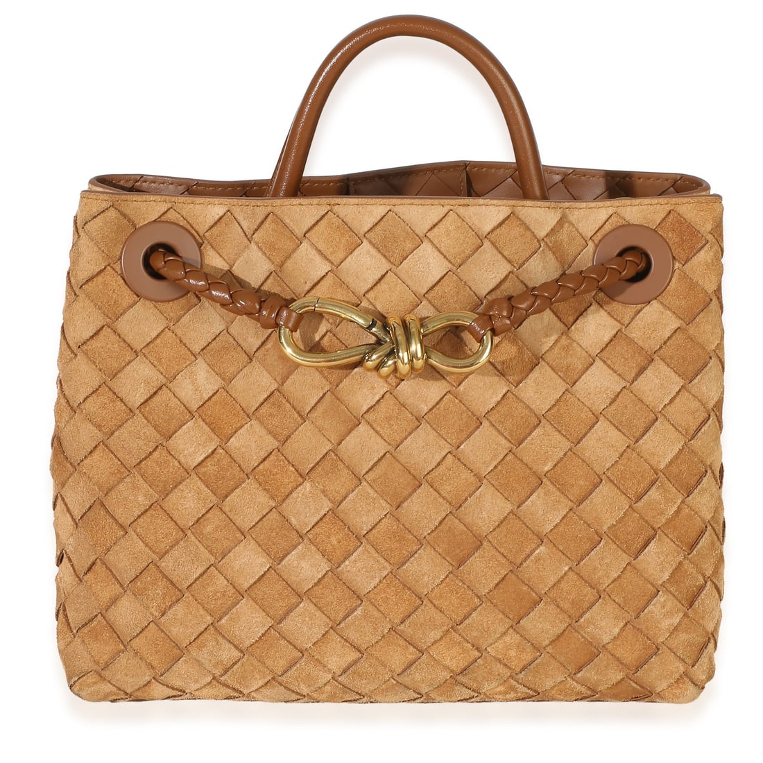 Bottega Veneta Small Andiamo suede shoulder bag in brown: Bottega Veneta Small Andiamo suede shoulder bag in brown Bottega Veneta Small Andiamo handbag in brown suede with the signature Intrecciato design. It features an open top with magnetic closure, leath