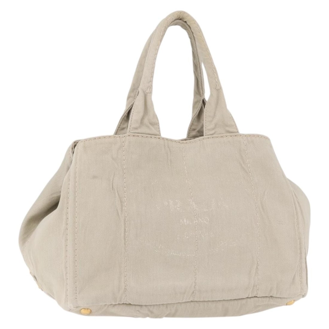 PRADA Canapa MM Gray Canvas Hand Bag Italy: PRADA Canapa MM Gray Canvas Hand Bag Italy Prada Canapa MM handbag in gray and gold canvas, made in Italy. This women's handbag is a heavily used piece with visible wear throughout, including loss of 
