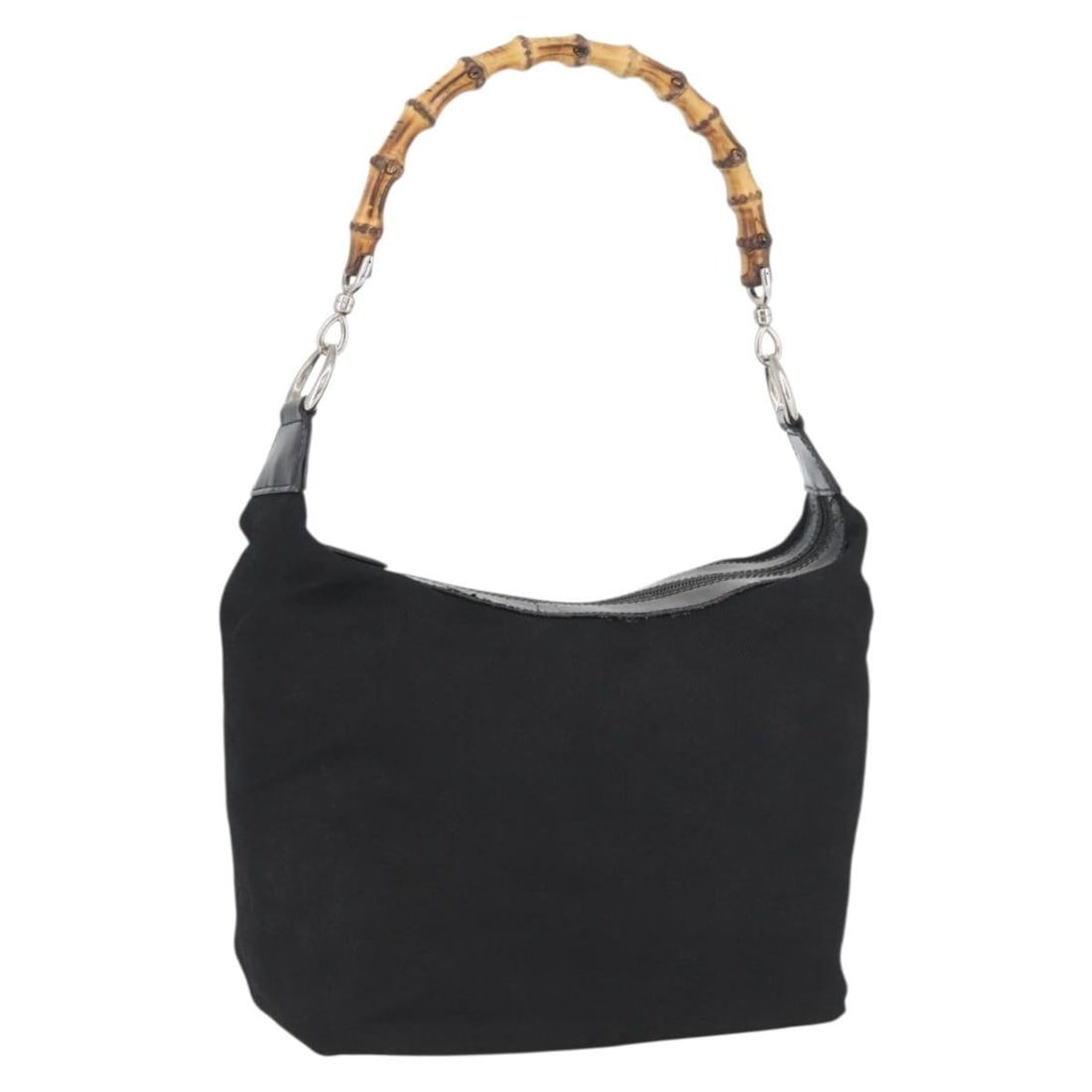 Gucci 000 0531 Bamboo Nylon Shoulder Bag Black Silver: Gucci 000 0531 Bamboo Nylon Shoulder Bag Black Silver GUCCI Bamboo Shoulder Bag in black and silver nylon, made in Italy. This women's shoulder bag features a strap drop of approximately 8.3 inches (2