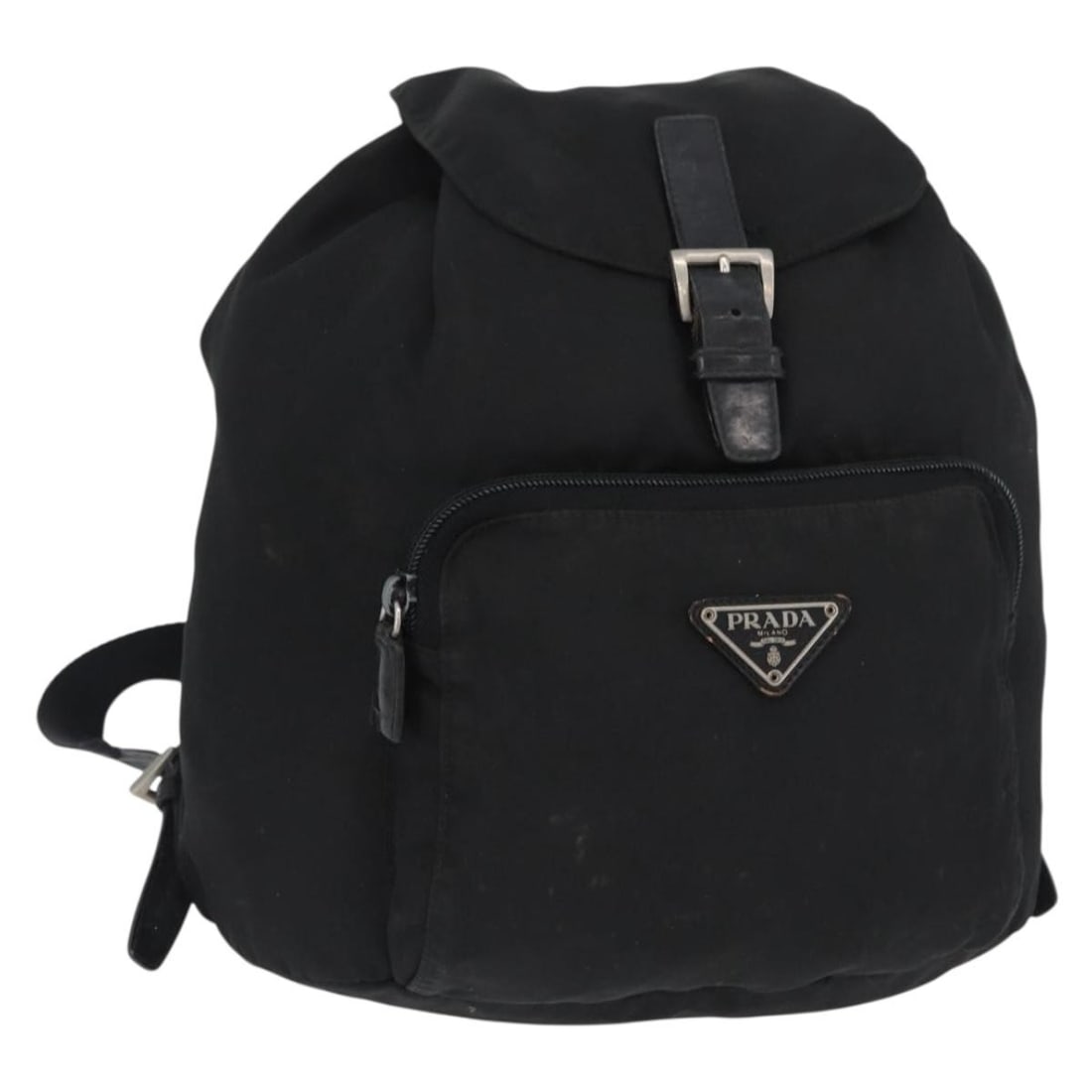 PRADA BA11574 Black Nylon Backpack Silver Tone: PRADA BA11574 Black Nylon Backpack Silver Tone PRADA women's backpack in black and silver nylon, made in Italy. The bag measures approximately 27 cm W x 32 cm H x 12 cm D (10.6 x 12.6 x 4.7 in). It is