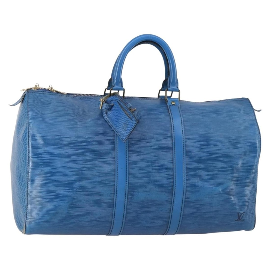 Blue Epi Leather Boston Bag Louis Vuitton Keepall 45 M42975: Blue Epi Leather Boston Bag Louis Vuitton Keepall 45 M42975 Louis Vuitton Epi Keepall 45 Boston Bag in blue Epi leather, made in France. This women's bag features the Keepall 45 Boston Bag style and c