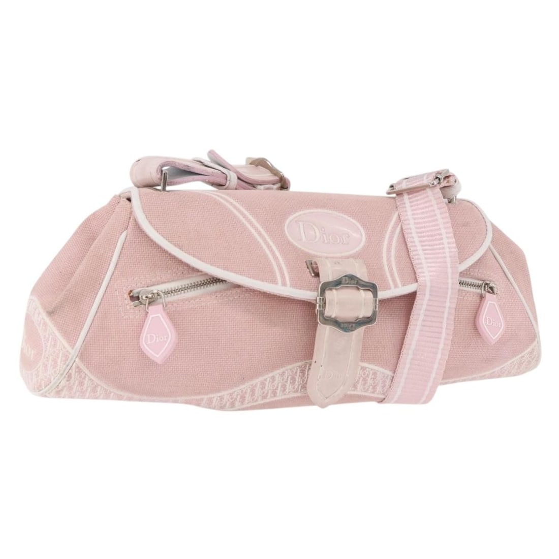 Christian Dior Pink Silver Trotter Canvas Shoulder Bag: Christian Dior Pink Silver Trotter Canvas Shoulder Bag Christian Dior shoulder bag in Trotter Canvas with a pink and silver color scheme. Made in Italy, it features a shoulder strap with an approximat
