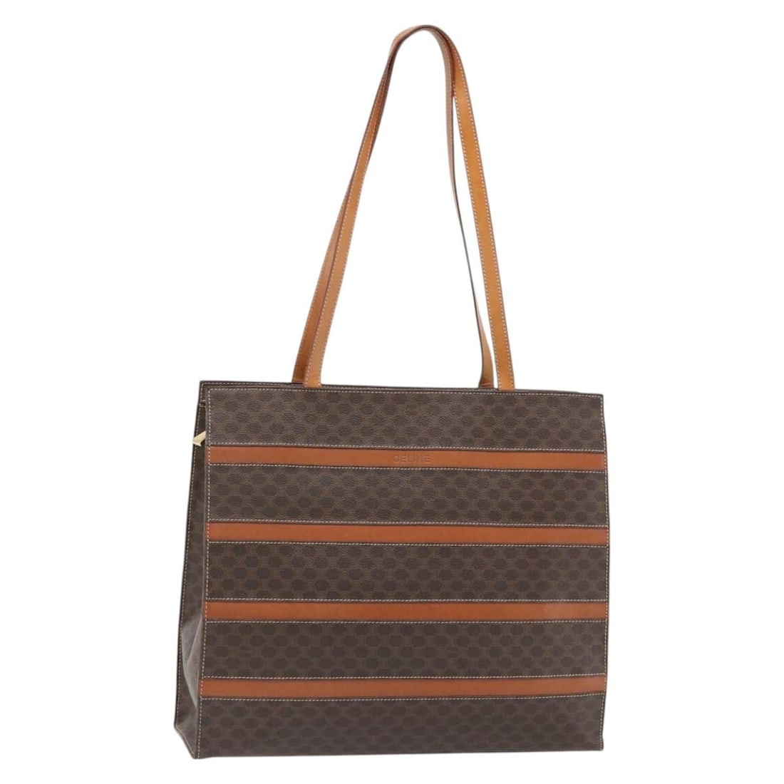 CELINE Macadam Canvas PVC Leather Tote Brown Gold: CELINE Macadam Canvas PVC Leather Tote Brown Gold Celine Macadam canvas tote bag in brown with gold-tone accents, crafted with PVC leather trim and made in Italy. This women's tote has an open, everyd