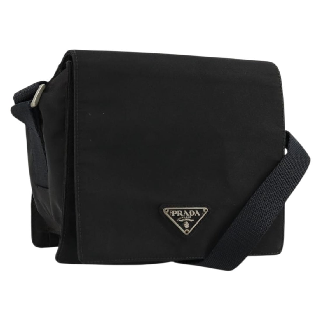 Prada Black Nylon Shoulder Bag Silver Trim Italy: Prada Black Nylon Shoulder Bag Silver Trim Italy This PRADA shoulder bag is crafted from black nylon with silver-tone accents. Designed for women, it features a compact silhouette with an adjustable s