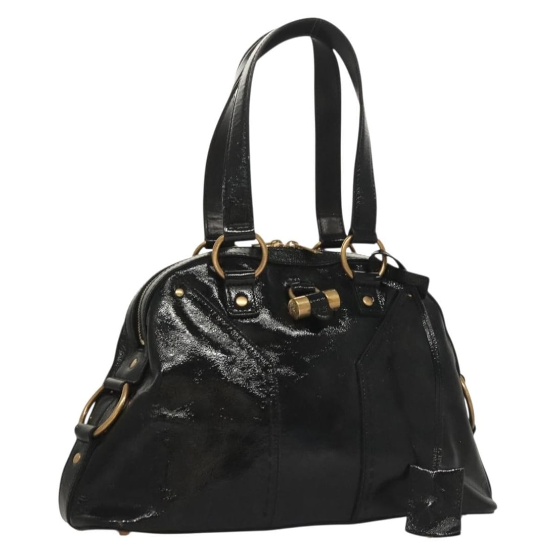 SAINT LAURENT Muse Enamel Shoulder Bag Black Gold Italy: SAINT LAURENT Muse Enamel Shoulder Bag Black Gold Italy Saint Laurent Muse shoulder bag in black and gold enamel, made in Italy. This women's shoulder bag has a structured silhouette and includes only