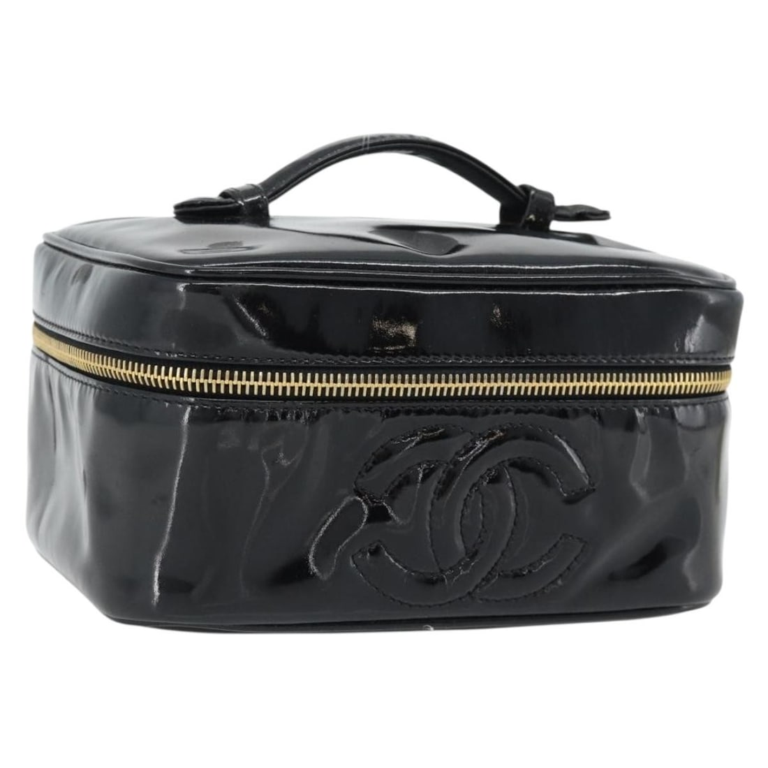 CHANEL Coco Mark Patent Leather Vanity Handbag Black Gold: CHANEL Coco Mark Patent Leather Vanity Handbag Black Gold A CHANEL Coco Mark vanity hand bag in black and gold patent leather. This handbag includes a guarantee card and was made in Italy. The item is