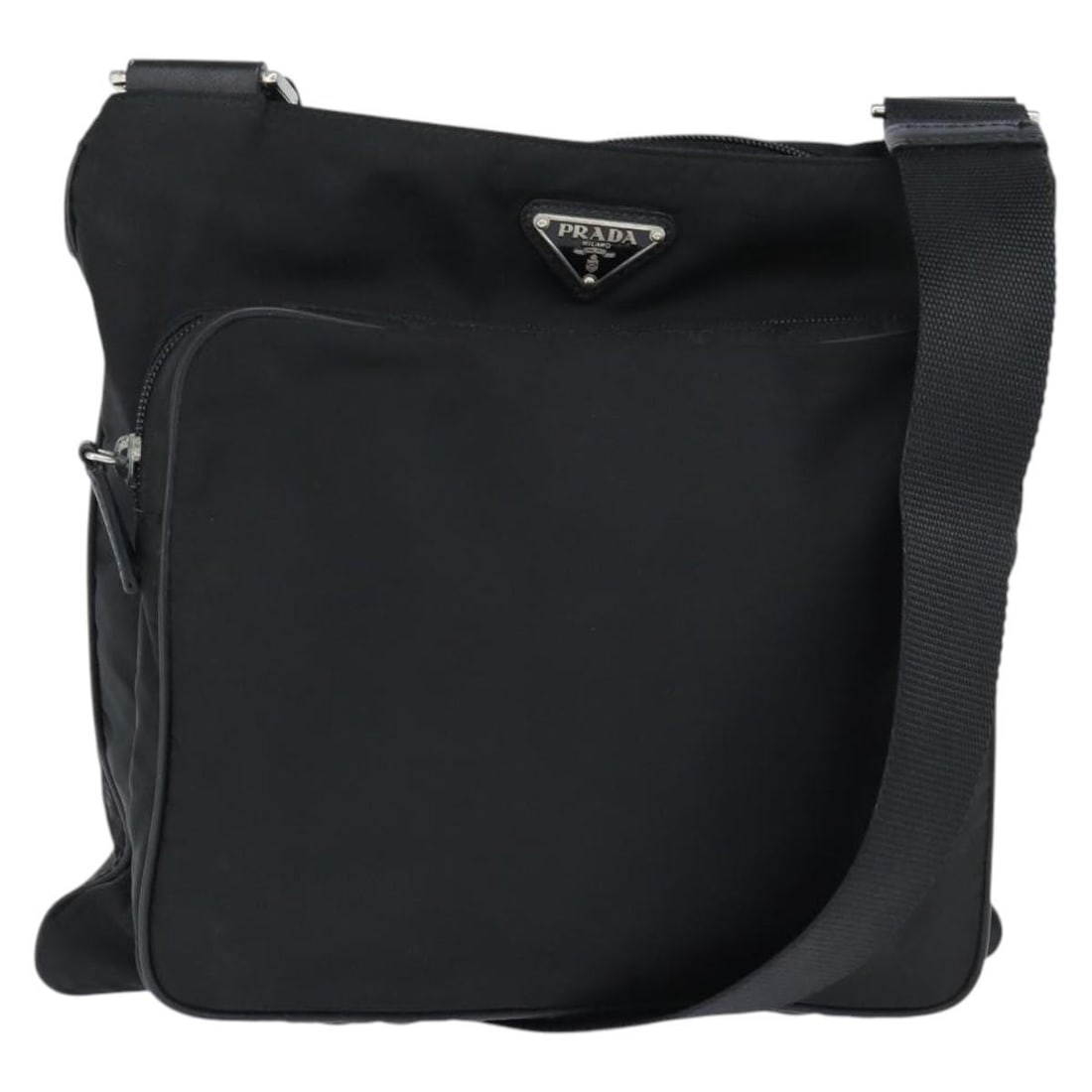 PRADA Nylon Shoulder Bag Black Silver with Guarantee Card: PRADA Nylon Shoulder Bag Black Silver with Guarantee Card Black Prada shoulder bag made of nylon with silver-tone hardware. It includes a guarantee card and was made in Italy. The bag is in heavily us