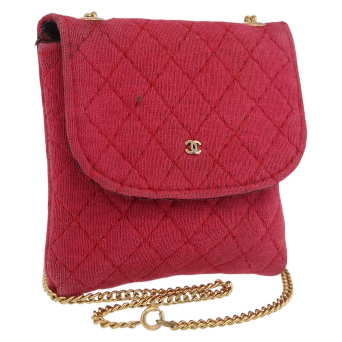 CHANEL Cotton CC Chain Pouch Pink Gold France: CHANEL Cotton CC Chain Pouch Pink Gold France A CHANEL pouch in pink and gold, made from cotton and crafted in France. The item measures approximately 8 cm x 8 cm (3.1 x 3.1 inches) and features a cha